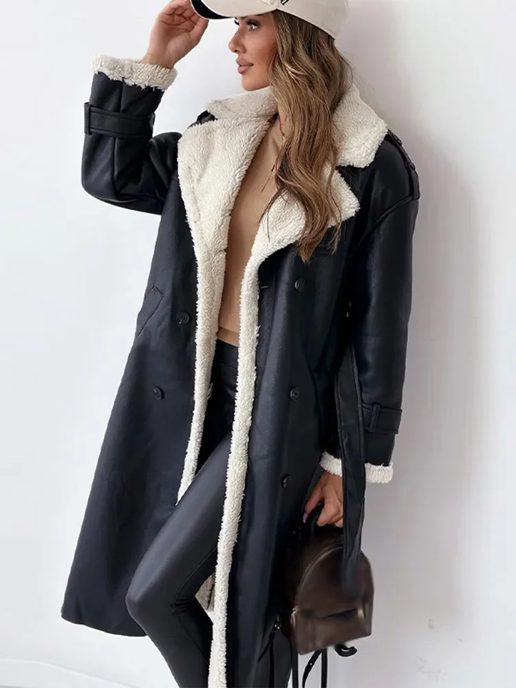 Warm Flattering Women’s Long Coat - Shearling Lined Leather - Image 2