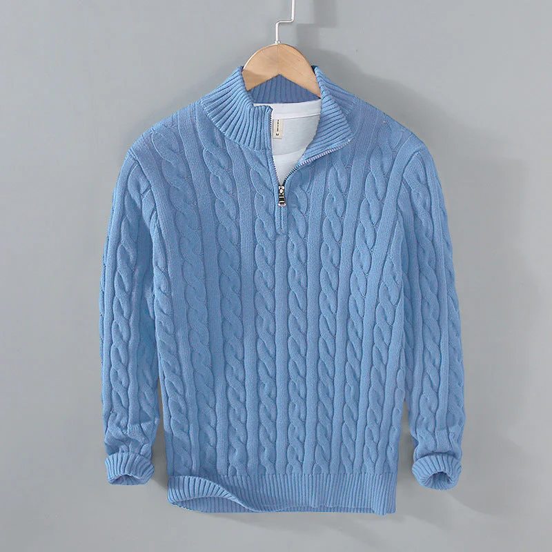 Warm Men Cable Knit Sweater - Half Zip, Cotton, Casual - Image 15