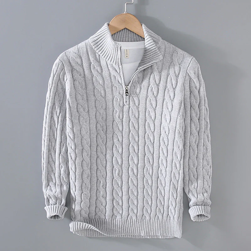 Warm Men Cable Knit Sweater - Half Zip, Cotton, Casual - Image 17