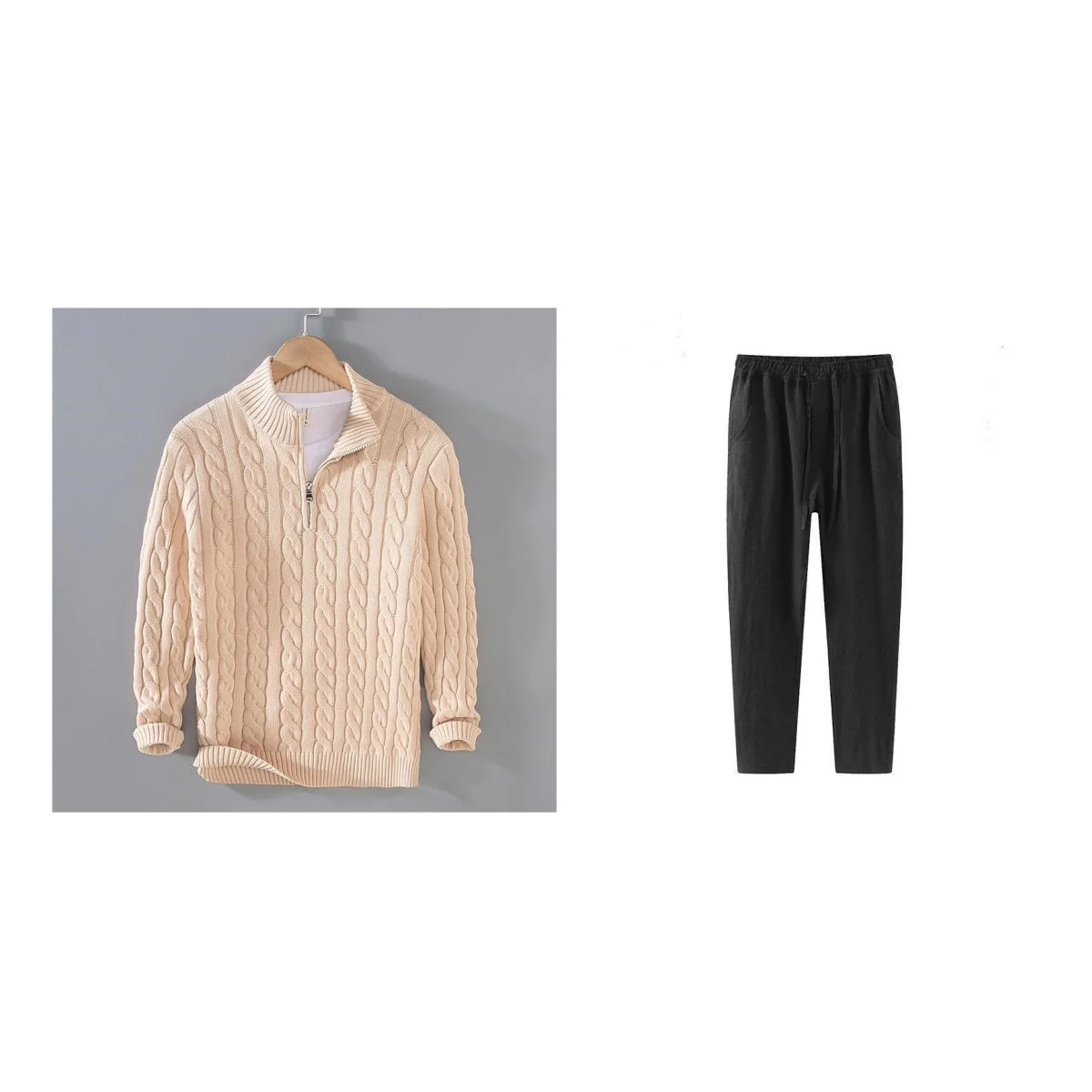 Warm Men Cable Knit Sweater - Half Zip, Cotton, Casual - Image 6