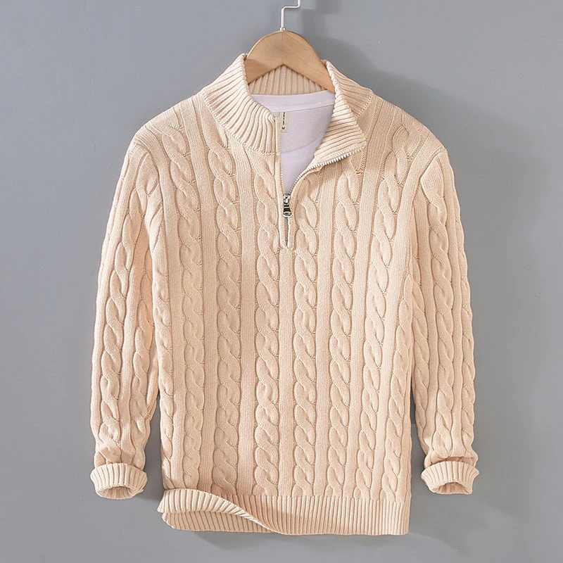 Warm Men Cable Knit Sweater - Half Zip, Cotton, Casual - Image 8
