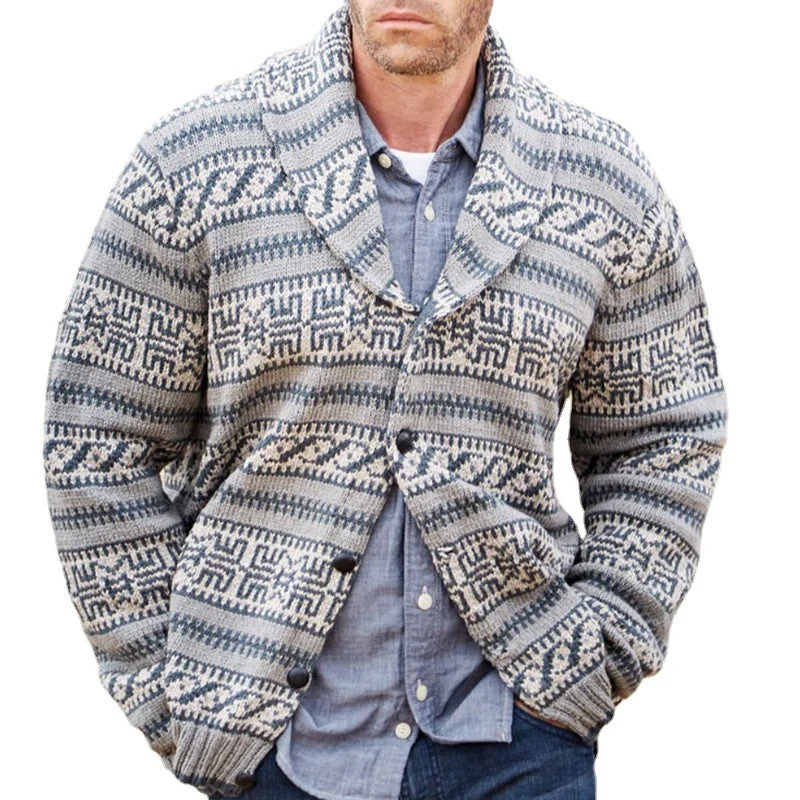 Warm Men's Cardigan - Shawl Lapel, Jacquard Knit, Winter - Image 3