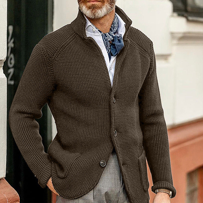 Warm Men's Cardigan - Stand Up Collar, Knitted, Commute - Image 4