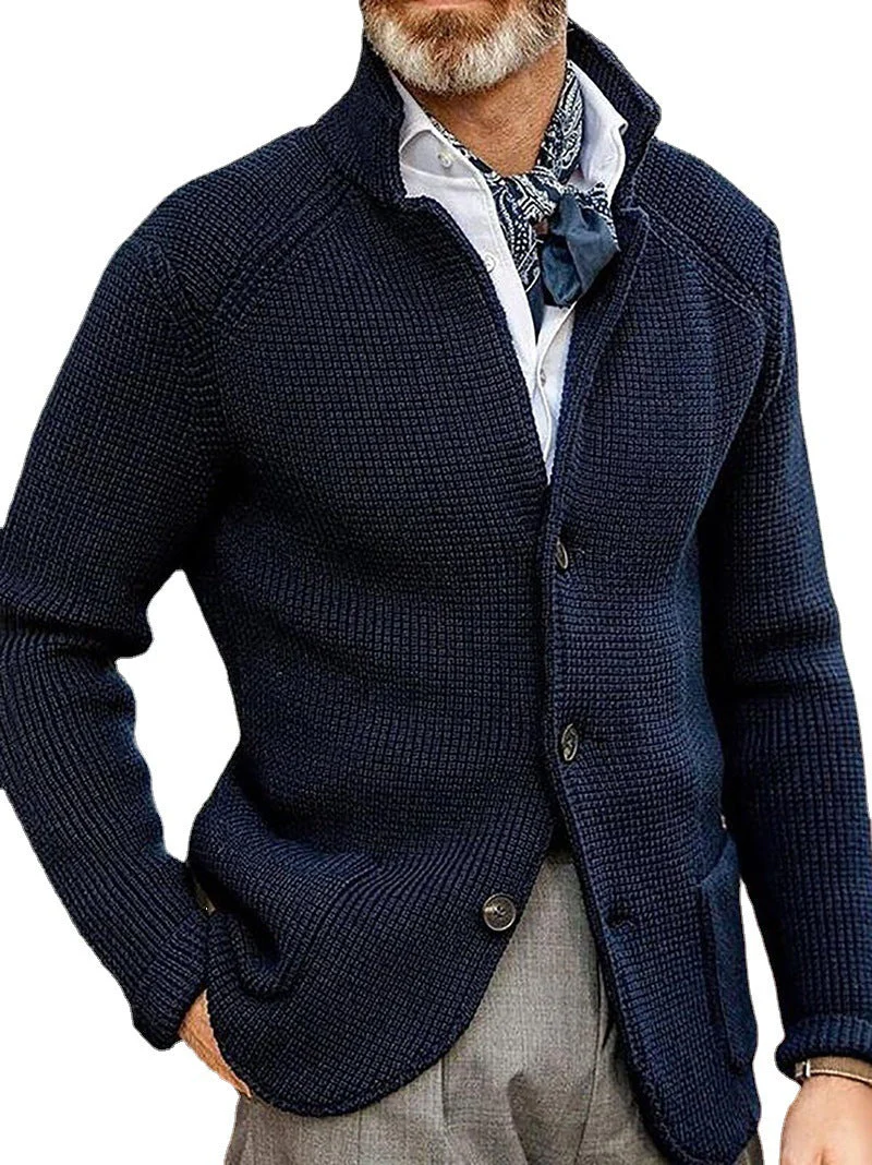 Warm Men's Cardigan - Stand Up Collar, Knitted, Commute - Image 9
