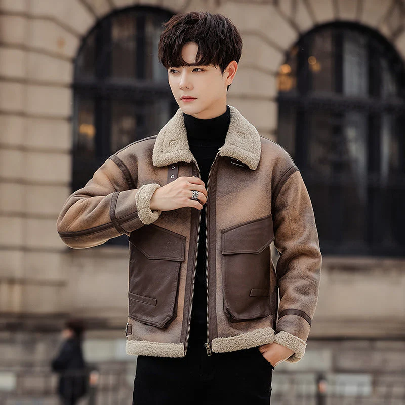 Warm men's coat - structured, leather-paneling with shearling trim, for fall and winter - Image 4