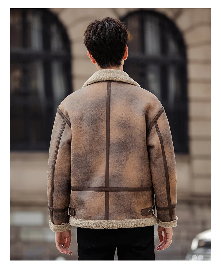 Warm men's coat - structured, leather-paneling with shearling trim, for fall and winter - Image 5
