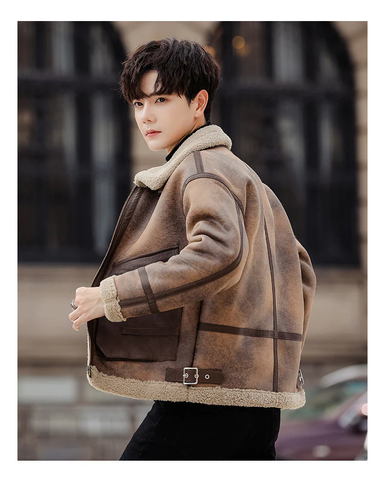 Warm men's coat - structured, leather-paneling with shearling trim, for fall and winter - Image 8
