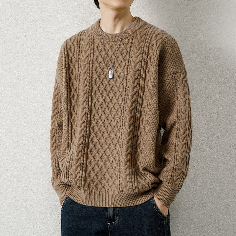 Warm Men's Crewneck Sweater - Cable Knit Wool Winter