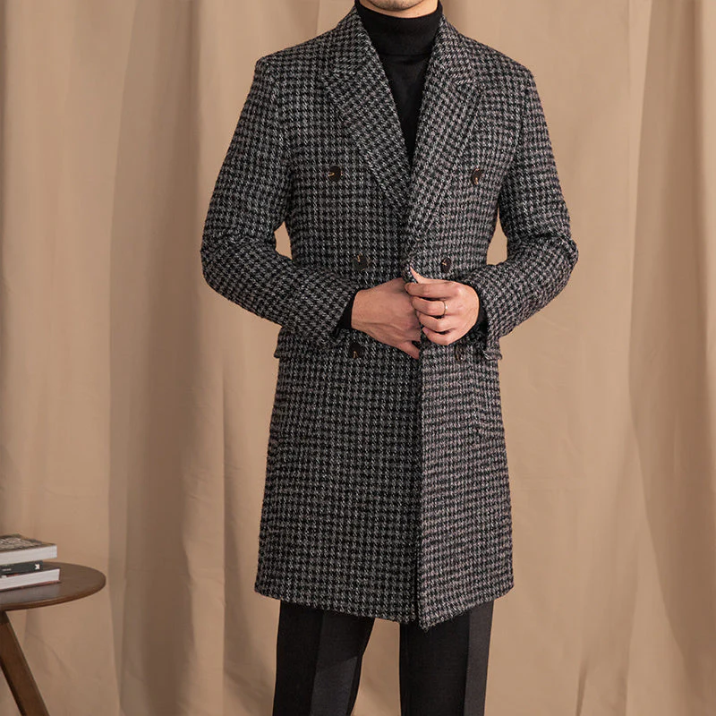 Warm Men’s Double-Breasted Coat - Mid-Length Wool, Winter