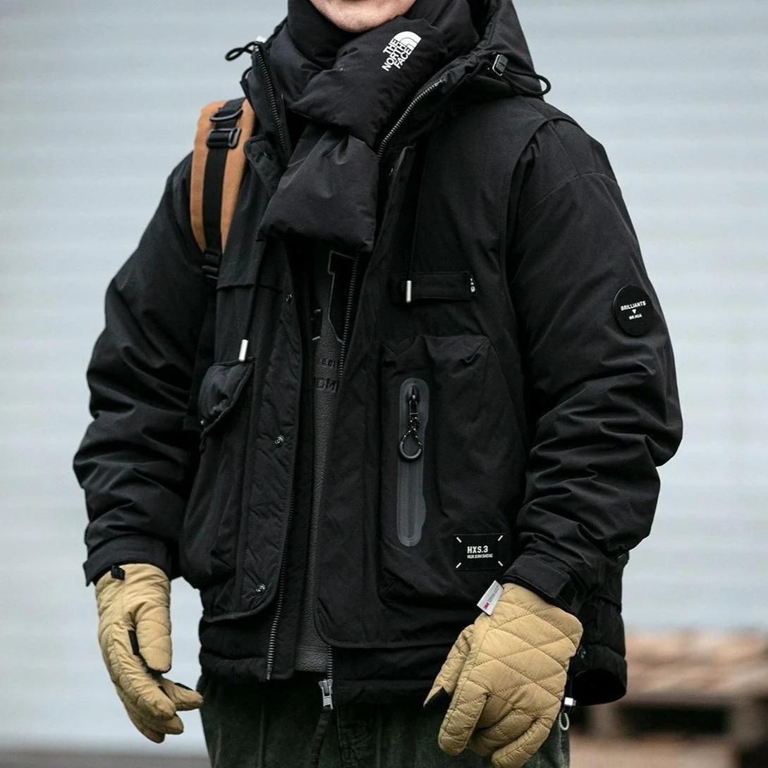 Warm Men's Down Jacket - Loose Multi Pocket, Corduroy - Image 3