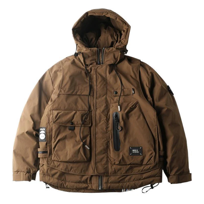 Warm Men's Down Jacket - Loose Multi Pocket, Corduroy - Image 4