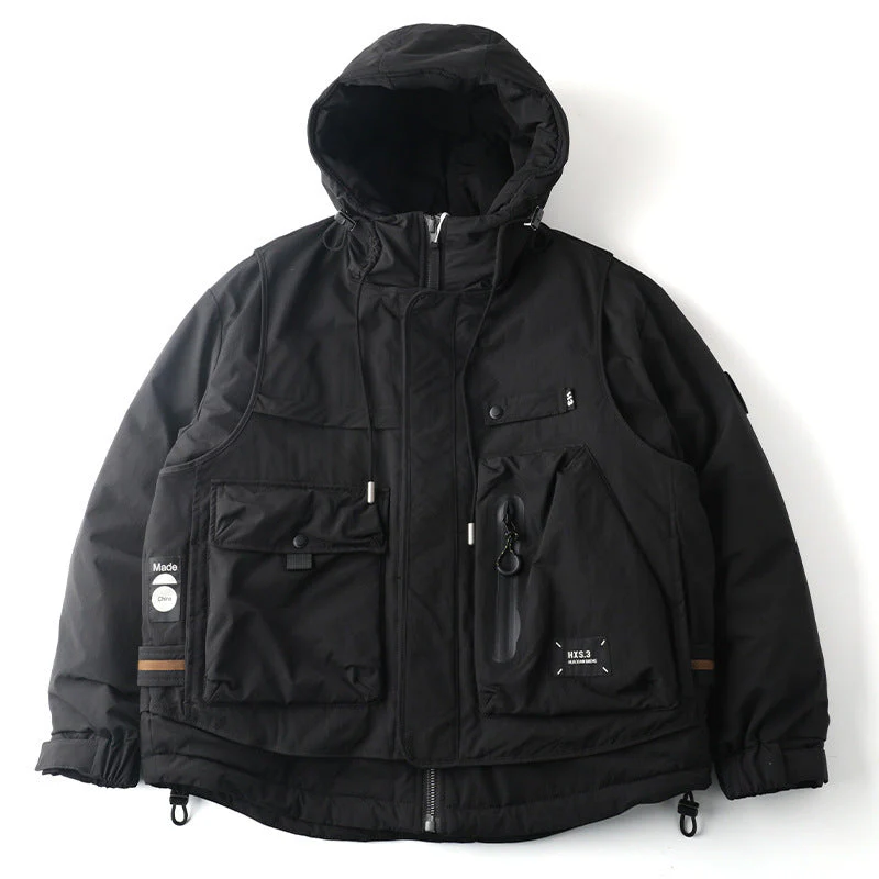 Warm Men's Down Jacket - Loose Multi Pocket, Corduroy - Image 6