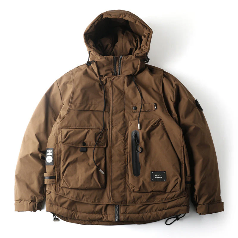 Warm Men's Down Jacket - Loose Multi Pocket, Corduroy - Image 7