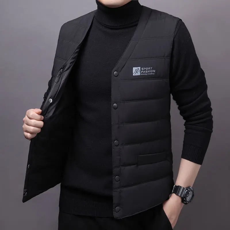 Warm Men's Down Vest - V Neck Quilted Cotton, Winter - Image 2