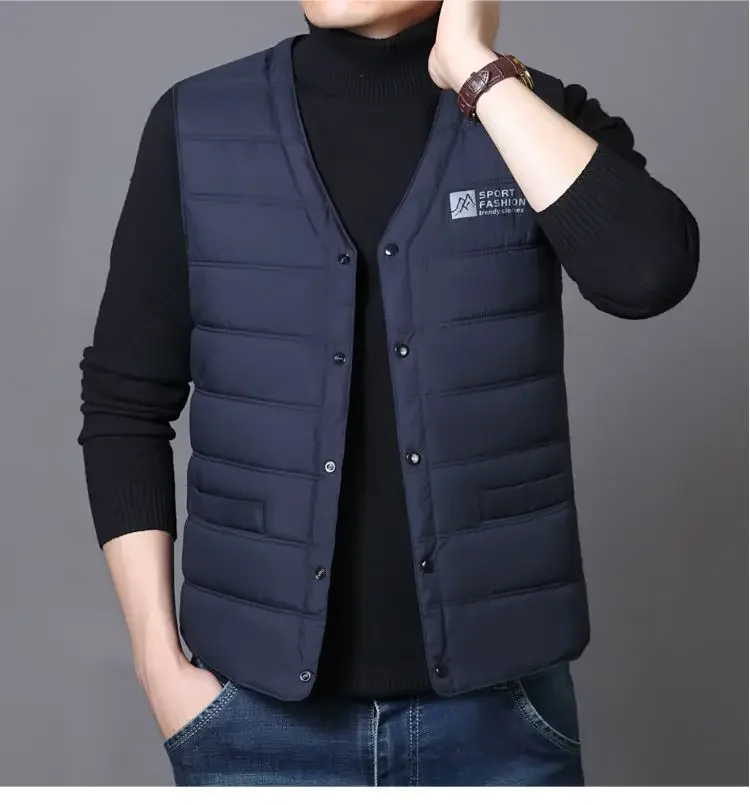 Warm Men's Down Vest - V Neck Quilted Cotton, Winter - Image 6