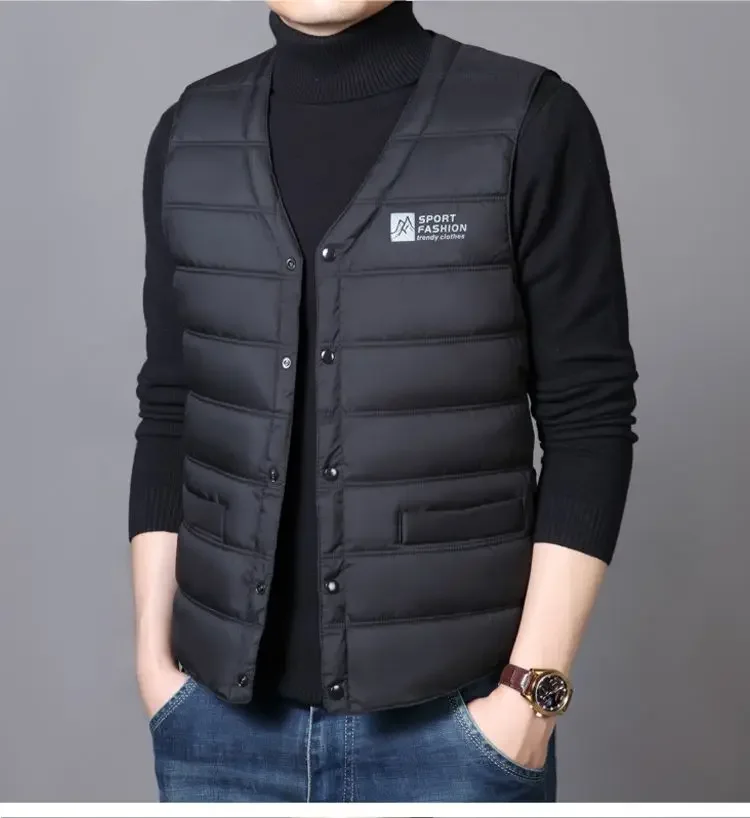 Warm Men's Down Vest - V Neck Quilted Cotton, Winter - Image 8