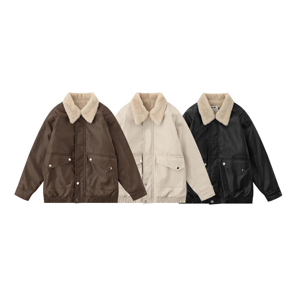 Warm men's jacket – moto-inspired, loose, PU leather, for fall and winter, city wear