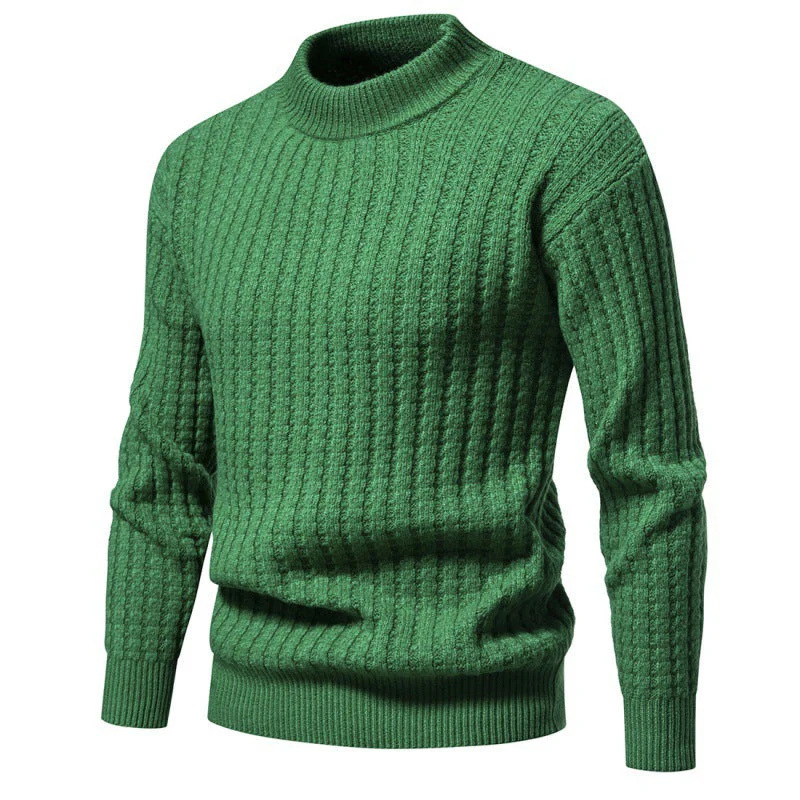 Warm Men's Knit Sweater - Round Neck Ribbed Knit, Autumn - Image 5