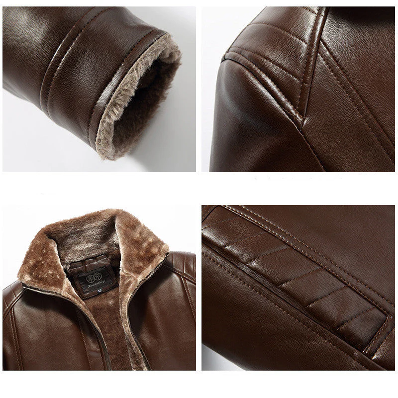 Warm men's leather jacket - fur-lined stand-up collar, durable PU leather, winter citywear - Image 3