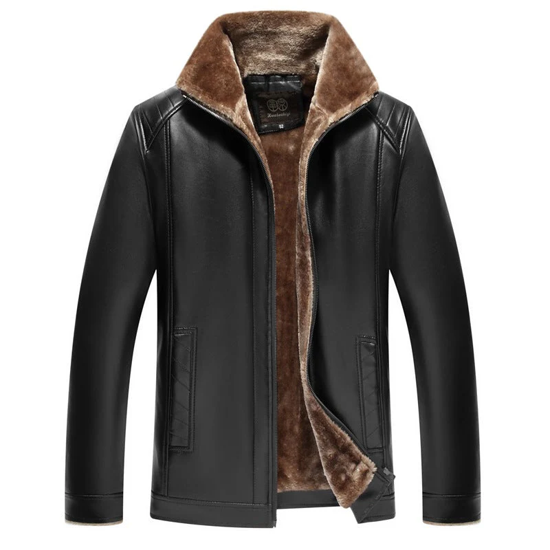 Warm men's leather jacket - fur-lined stand-up collar, durable PU leather, winter citywear - Image 5