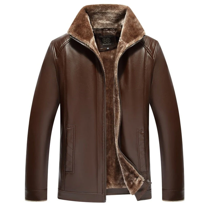 Warm men's leather jacket - fur-lined stand-up collar, durable PU leather, winter citywear - Image 6
