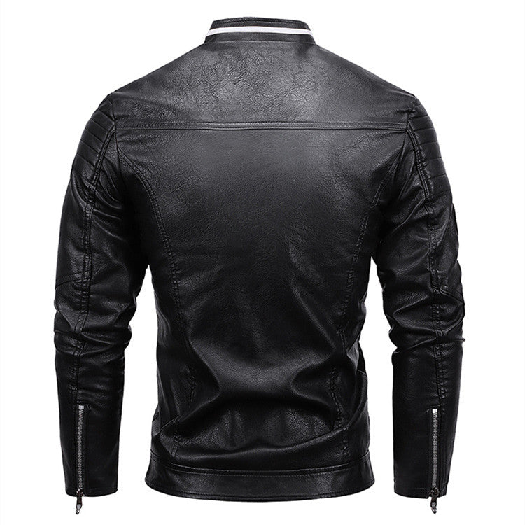 Warm men's leather motorcycle jacket - biker-cut with quilted shoulders and racing stripes, PU leather, for autumn rides - Image 2