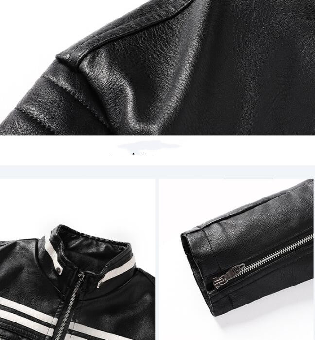 Warm men's leather motorcycle jacket - biker-cut with quilted shoulders and racing stripes, PU leather, for autumn rides - Image 3