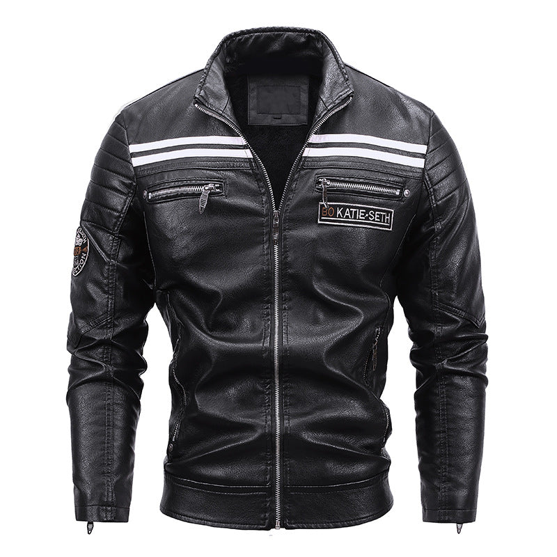 Warm men's leather motorcycle jacket - biker-cut with quilted shoulders and racing stripes, PU leather, for autumn rides - Image 4