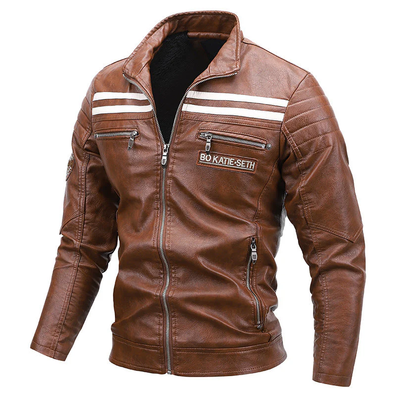 Warm men's leather motorcycle jacket - biker-cut with quilted shoulders and racing stripes, PU leather, for autumn rides - Image 5