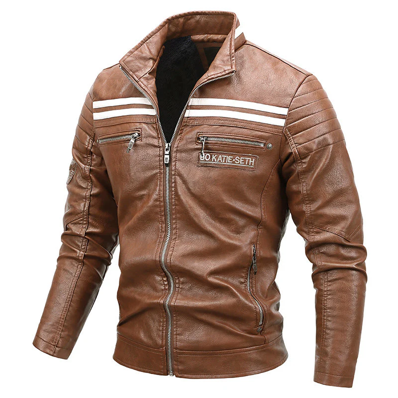 Warm men's leather motorcycle jacket - biker-cut with quilted shoulders and racing stripes, PU leather, for autumn rides - Image 6