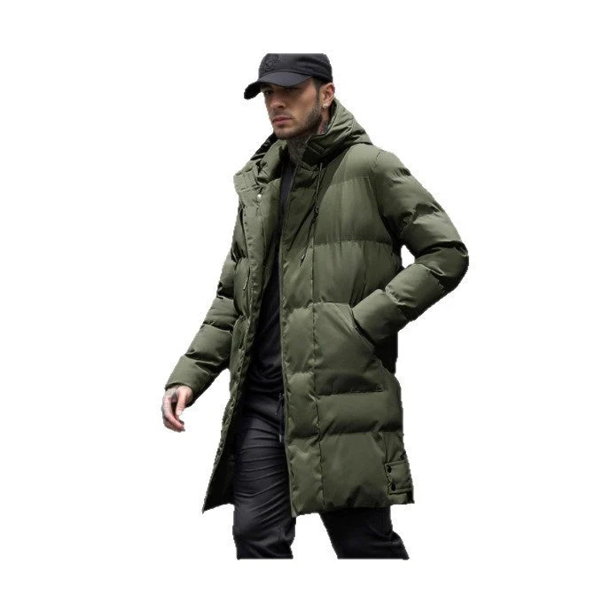 Warm Men's Long Puffer Coat - Hooded Quilted Cotton, Urban - Image 4