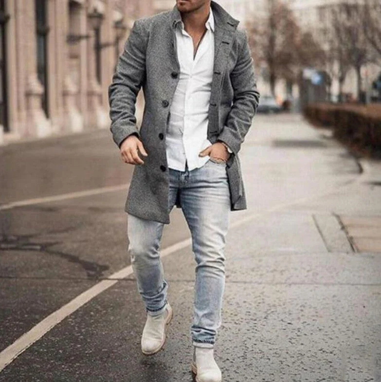 Warm Men's Midlength Coat - Stand Collar, Wool, City - Image 2