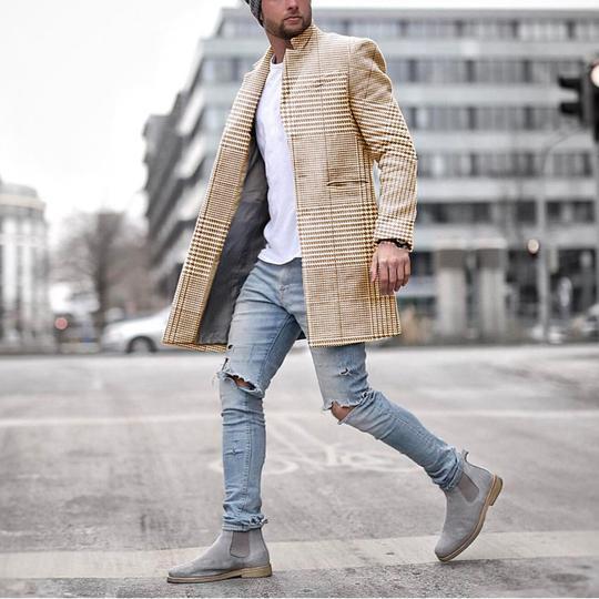 Warm Men's Midlength Coat - Standup Collar, Plaid Polyester - Image 2