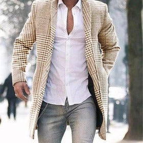 Warm Men's Midlength Coat - Standup Collar, Plaid Polyester - Image 6