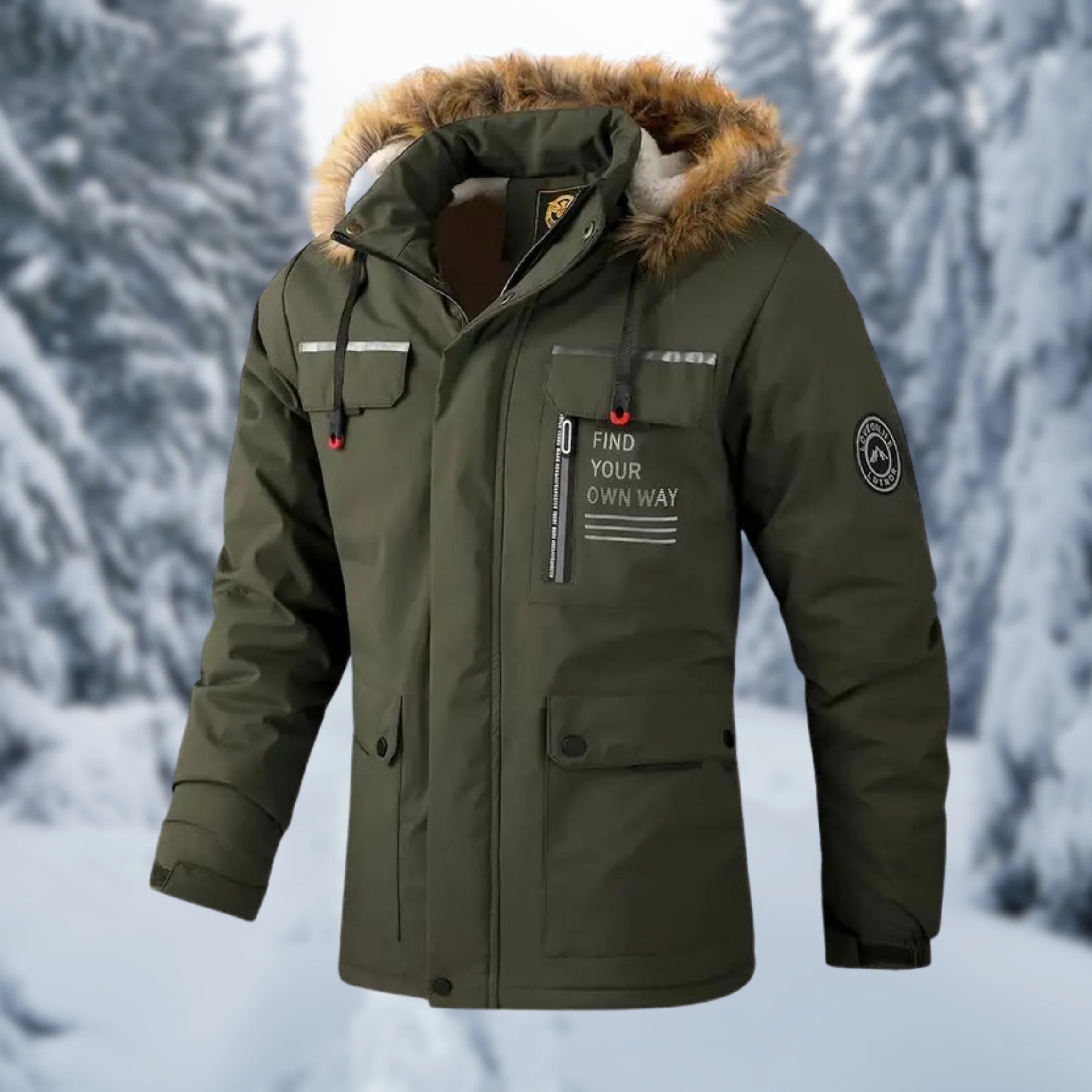 Warm Men's Parka - Hooded Faux Fur, Polyester, Winter - Image 3