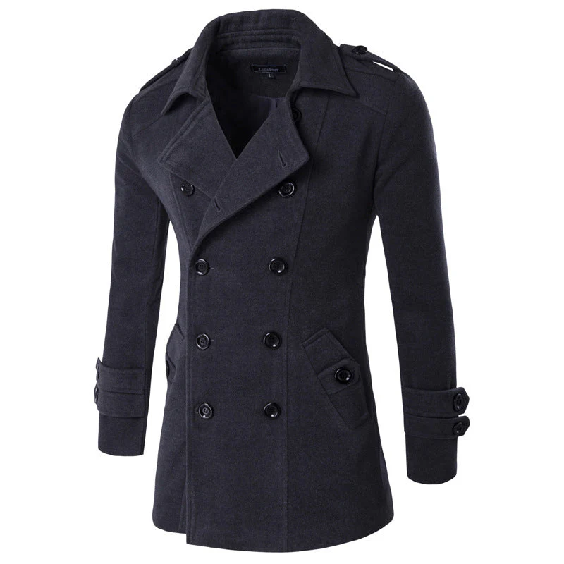 Warm Men's Peacoat - Double Breasted, Woolen Feel, Winter - Image 10