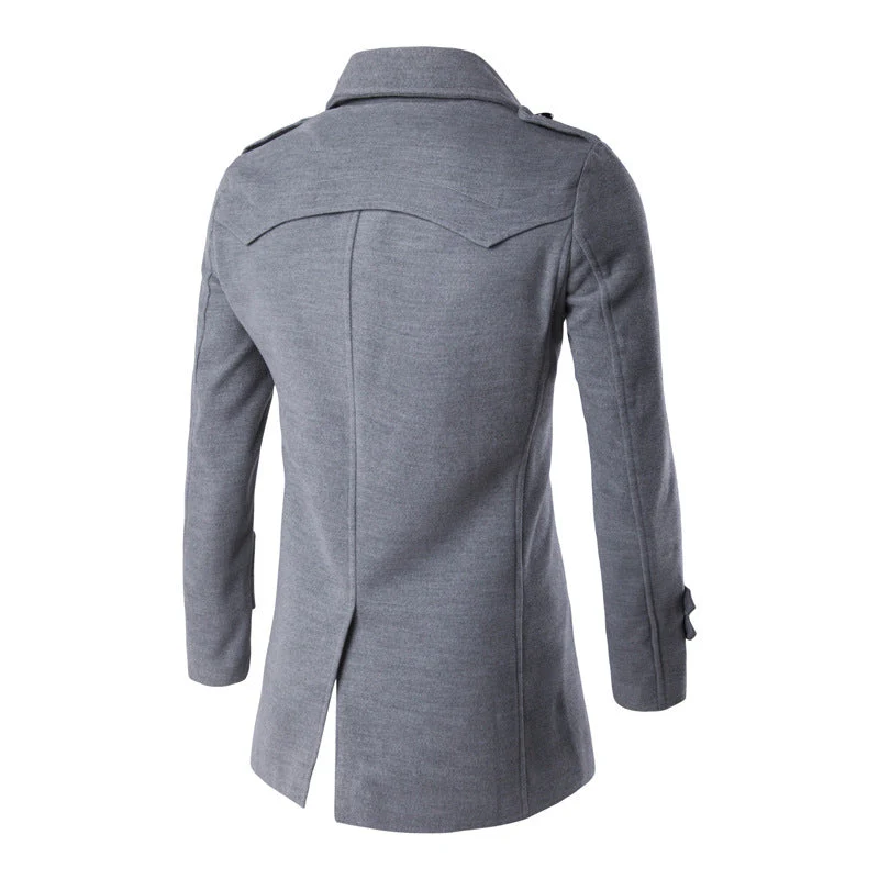 Warm Men's Peacoat - Double Breasted, Woolen Feel, Winter - Image 2