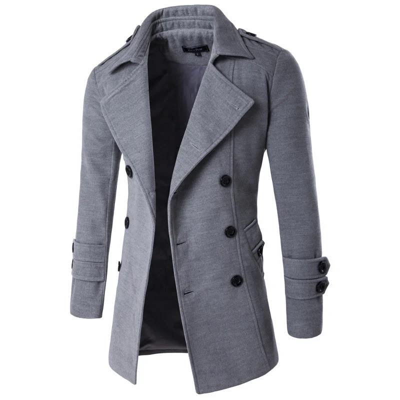 Warm Men's Peacoat - Double Breasted, Woolen Feel, Winter - Image 5