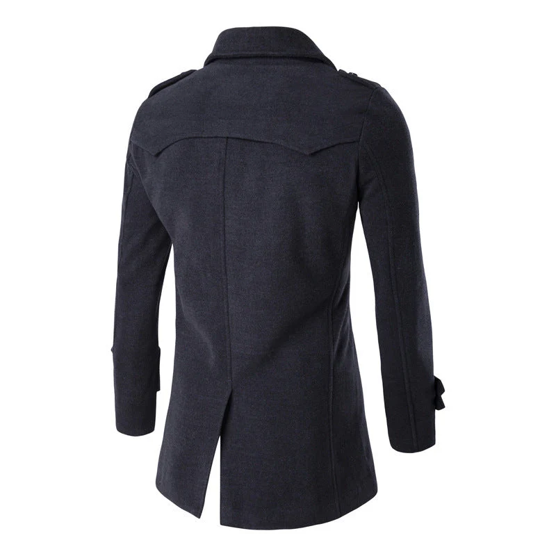 Warm Men's Peacoat - Double Breasted, Woolen Feel, Winter - Image 6