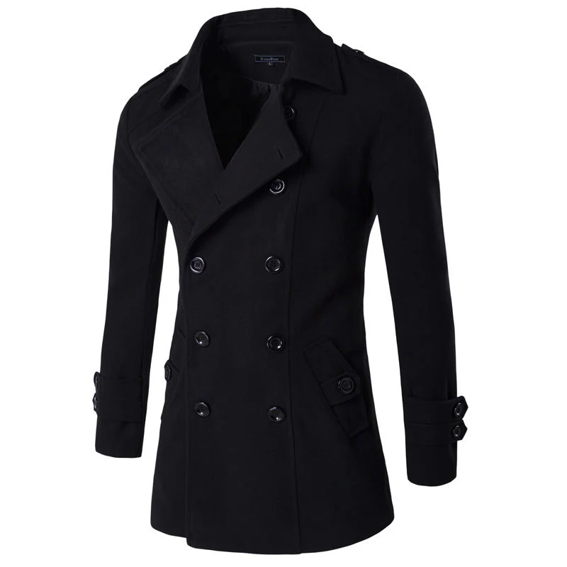 Warm Men's Peacoat - Double Breasted, Woolen Feel, Winter - Image 9