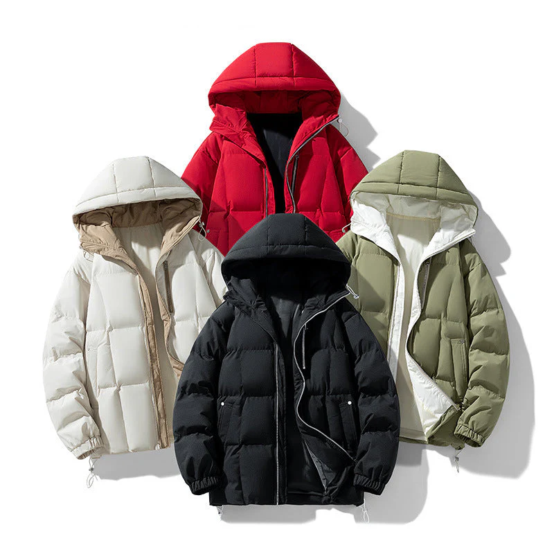 Warm Men's Puffer Coat - Boxy Quilted Hooded, Cotton Winter