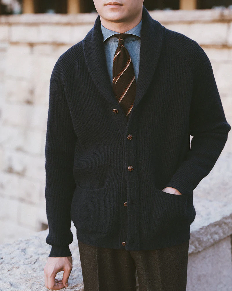 Warm Men's Shawl Collar Cardigan - Ribbed Knit, For Fall - Image 5