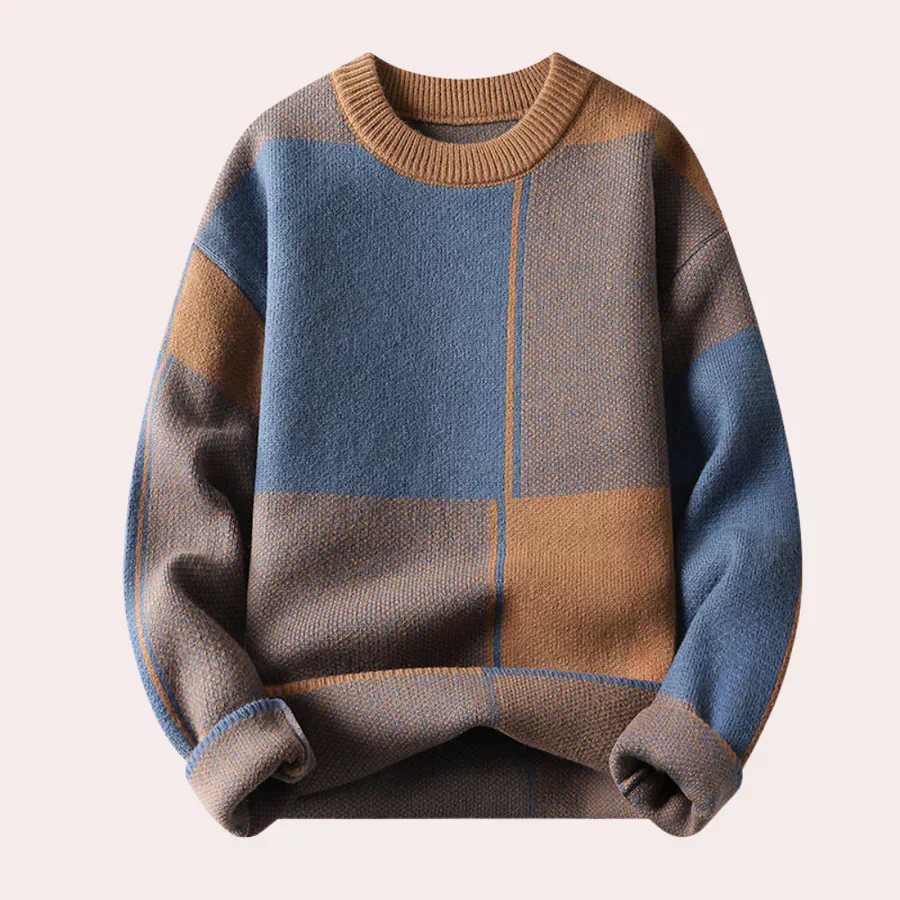 Warm Men’s Sweater - Oversized Check Crewneck, Cotton - Image 7