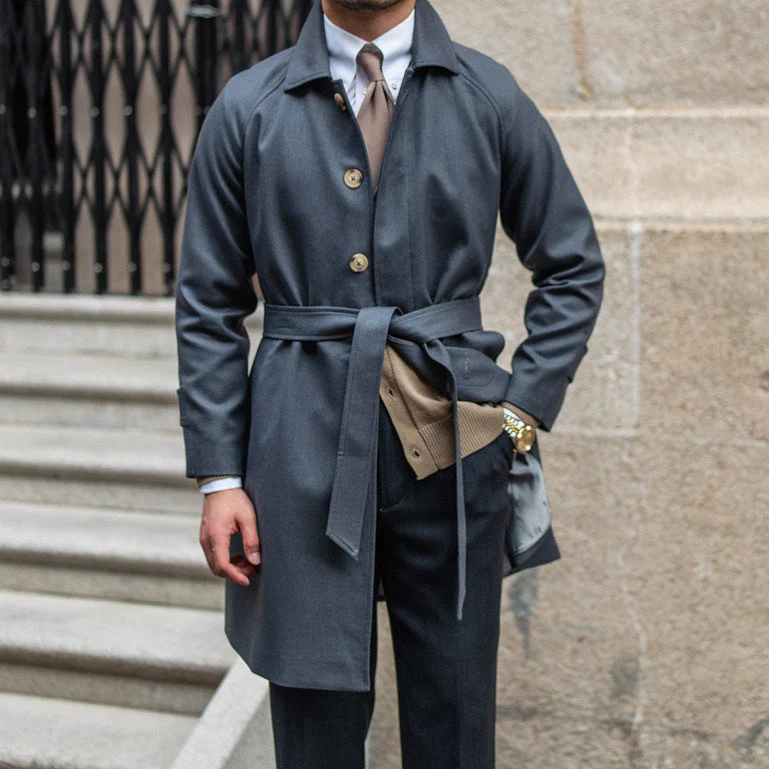 Warm Men’s Trench Coat - Single-Breasted Wool, Mid Thigh