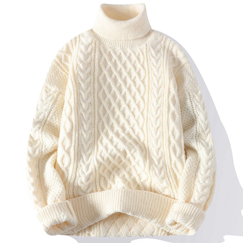 Warm Men's Turtleneck Sweater - Oversized Cable Knit, Wool - Image 3
