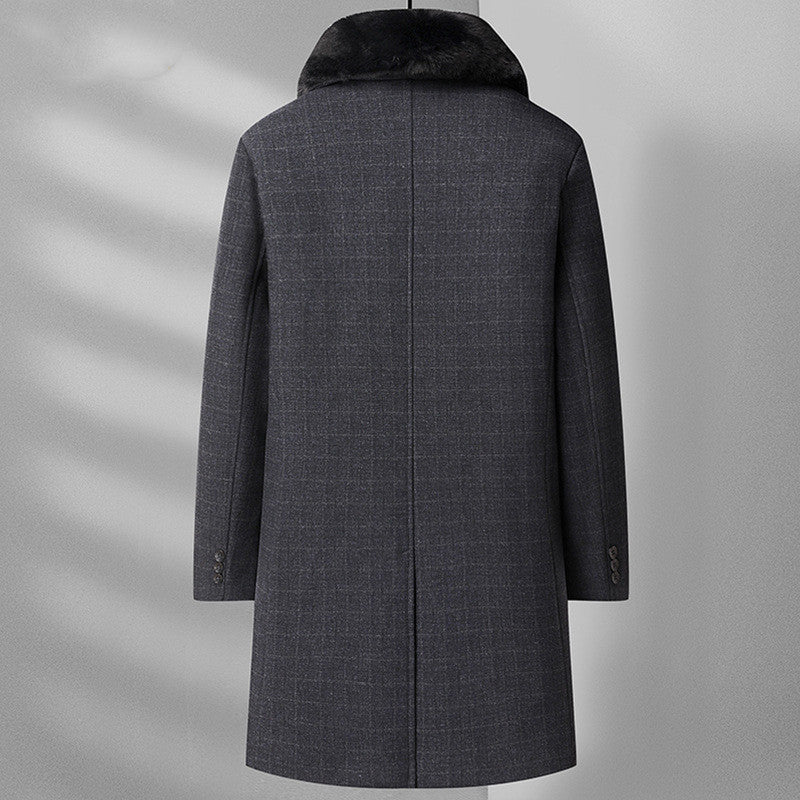 Warm Men's Wool Overcoat - Knee Length Plaid, Faux Fur - Image 4