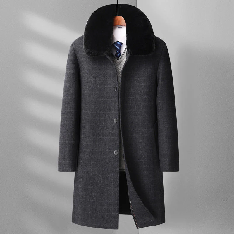 Warm Men's Wool Overcoat - Knee Length Plaid, Faux Fur - Image 9