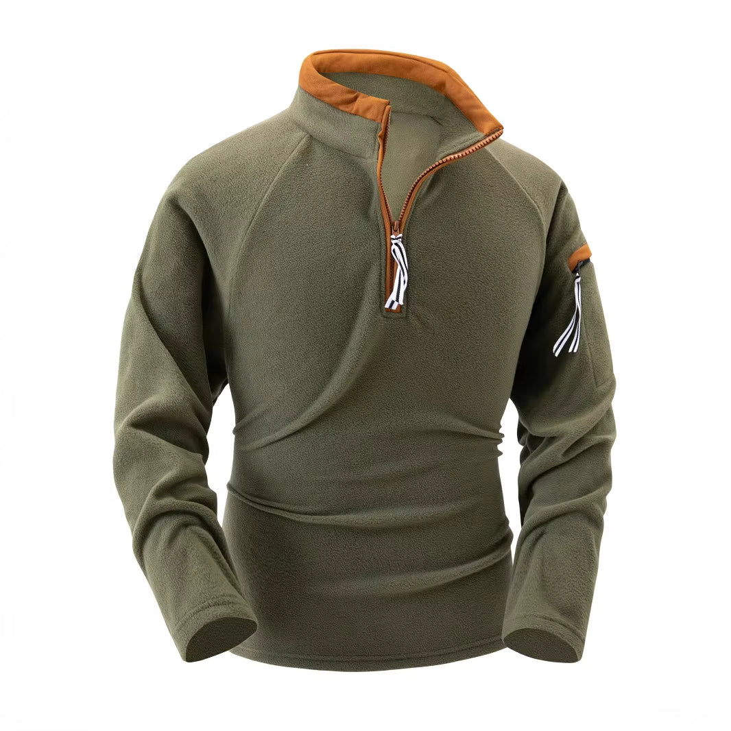 Warm Men's Zip Pullover - Stand Collar, Fleece, For Winter - Image 3