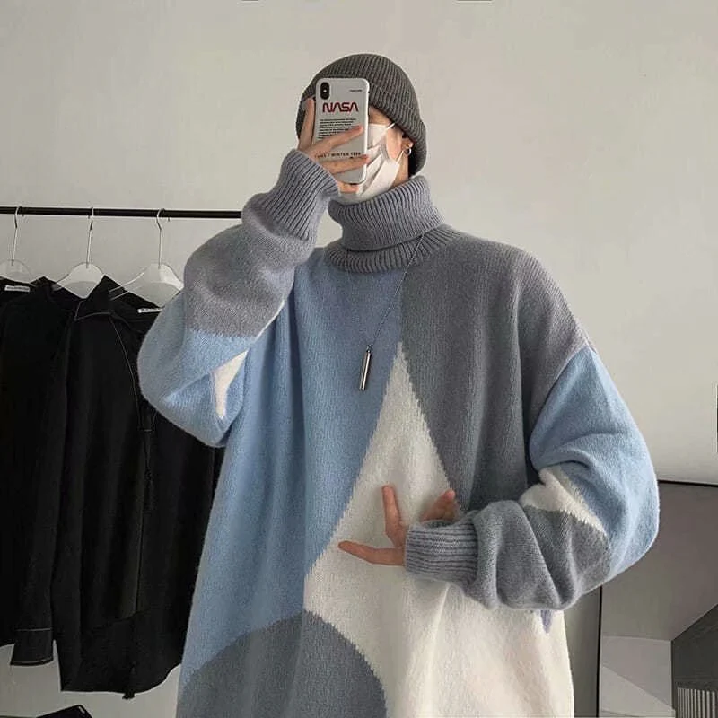 Warm Men Turtleneck Sweater - Oversized Polyester Knit - Image 2