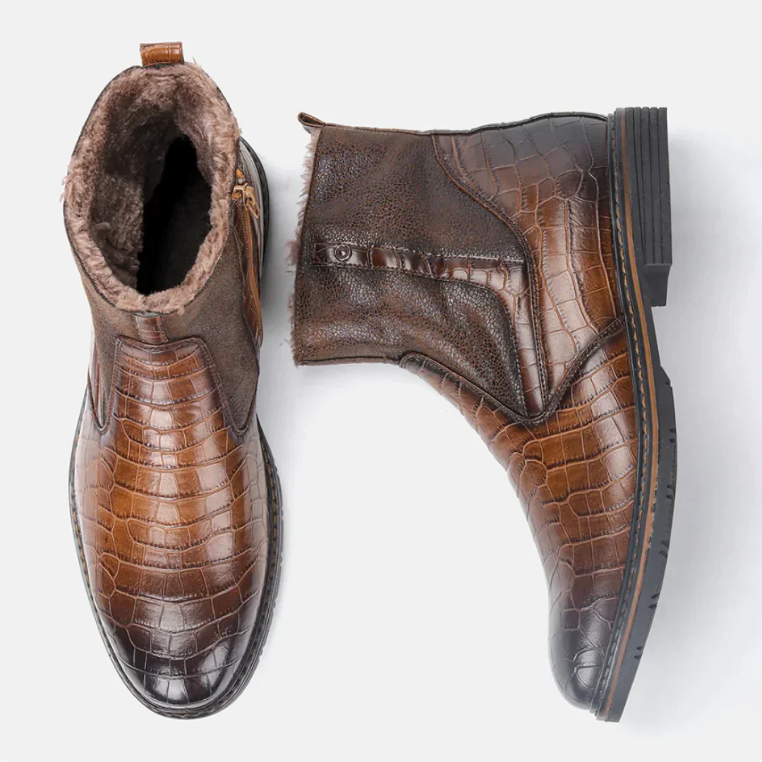 Warm Mens Ankle Boots - Croc Embossed Leather, Shearling - Image 2